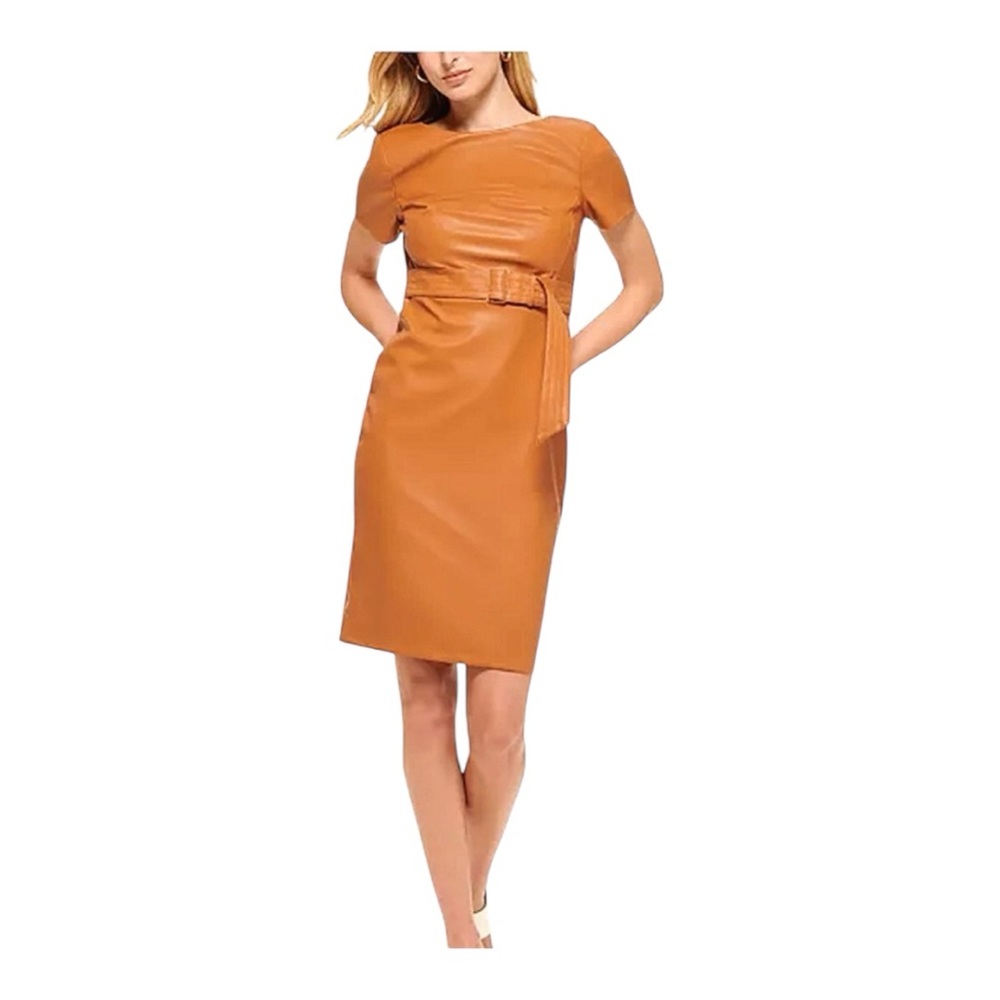 Calvin Klein Faux Leather Belted Dress Size 4 - New Without Tags